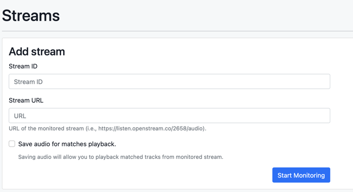 Backoffice screen that shows how to add a stream for monitoring in Emysound Cloud.