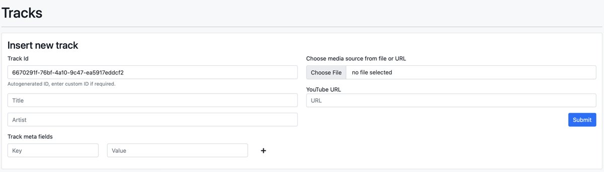 Backoffice screen that shows how to insert track in Emysound Cloud.