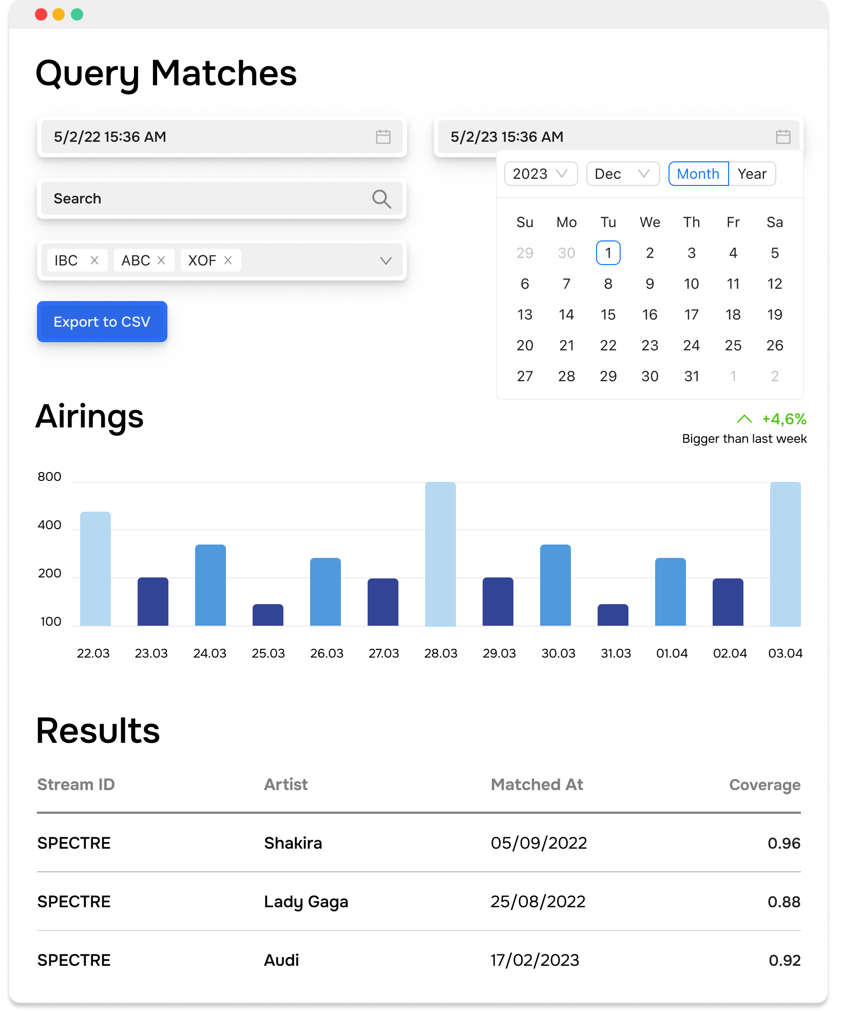 Matches page in the backoffice interface