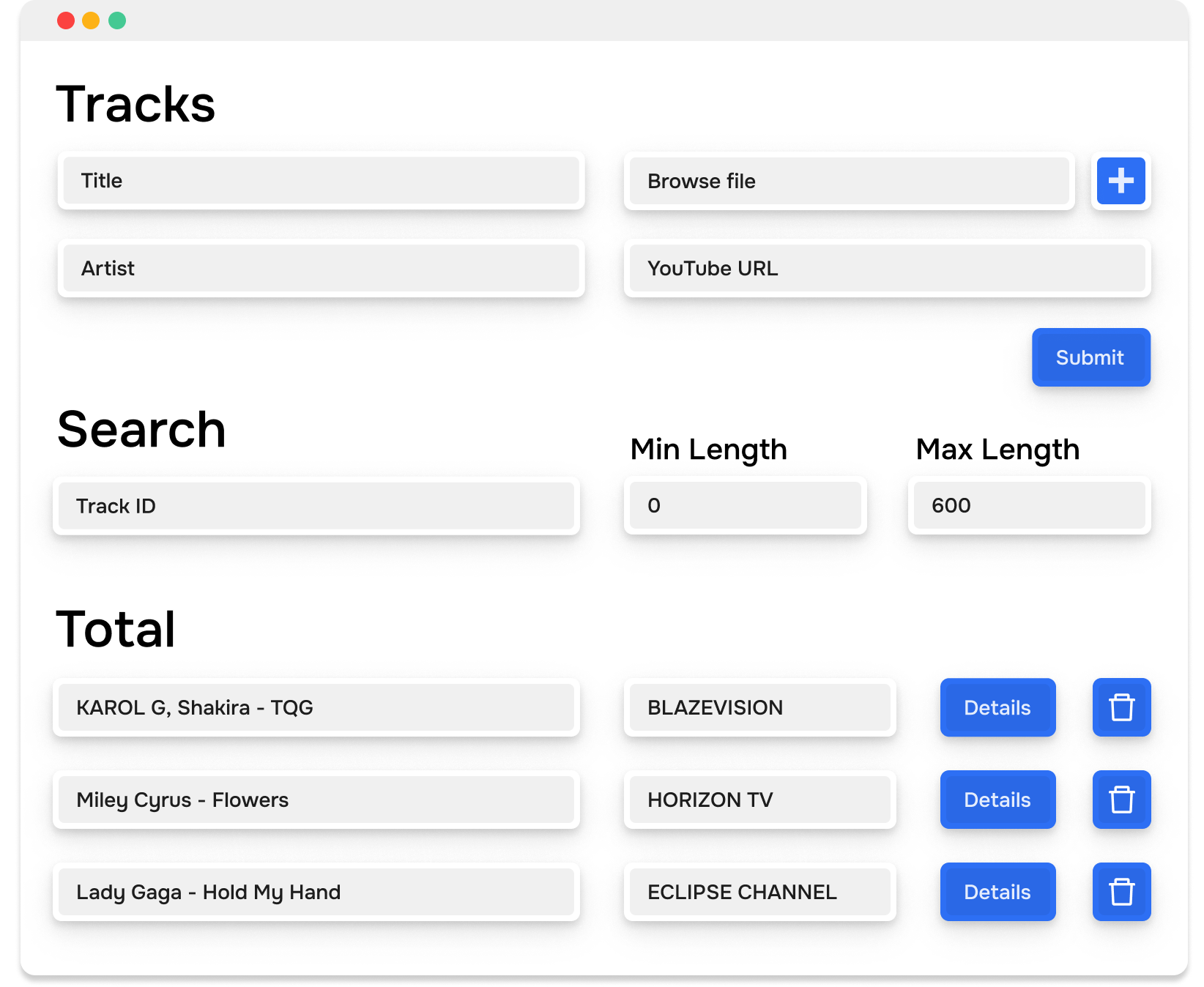Upload tracks backoffice interface