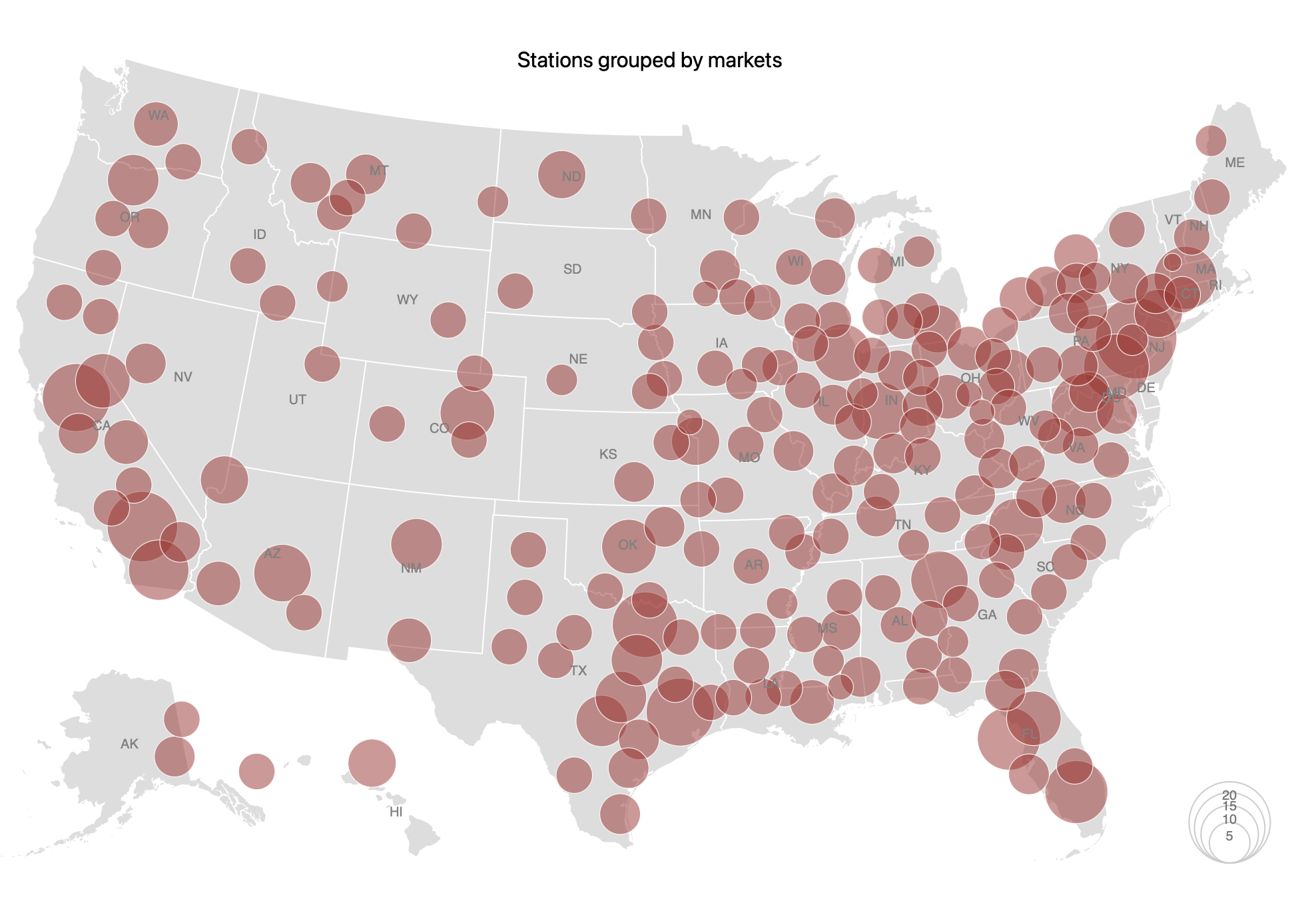 All 1,100 US television stations grouped by markets